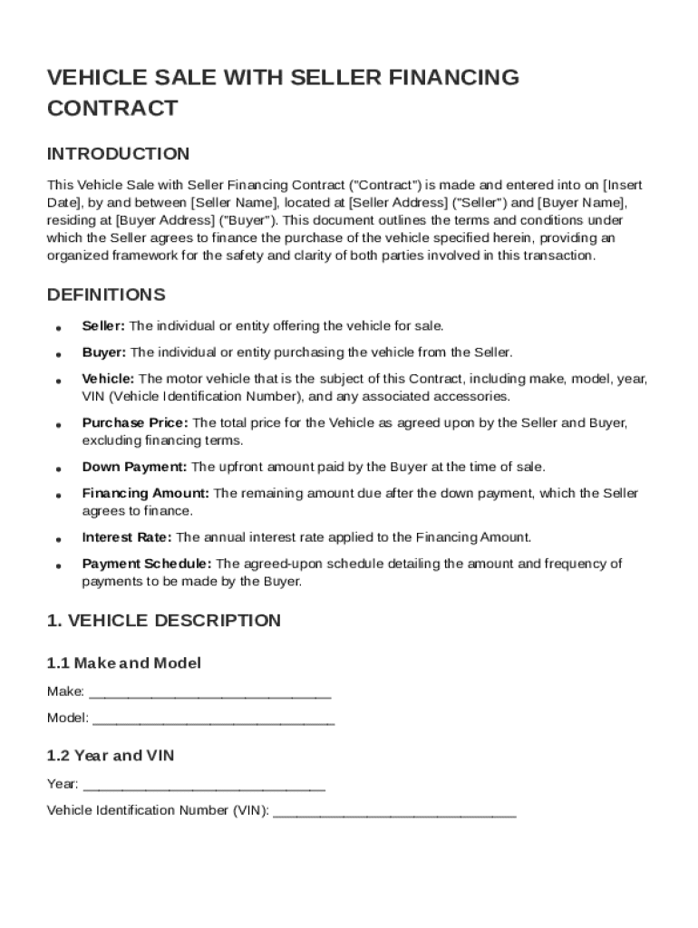 Vehicle Sale With Seller Financ Contract Template Preview on Page 1
