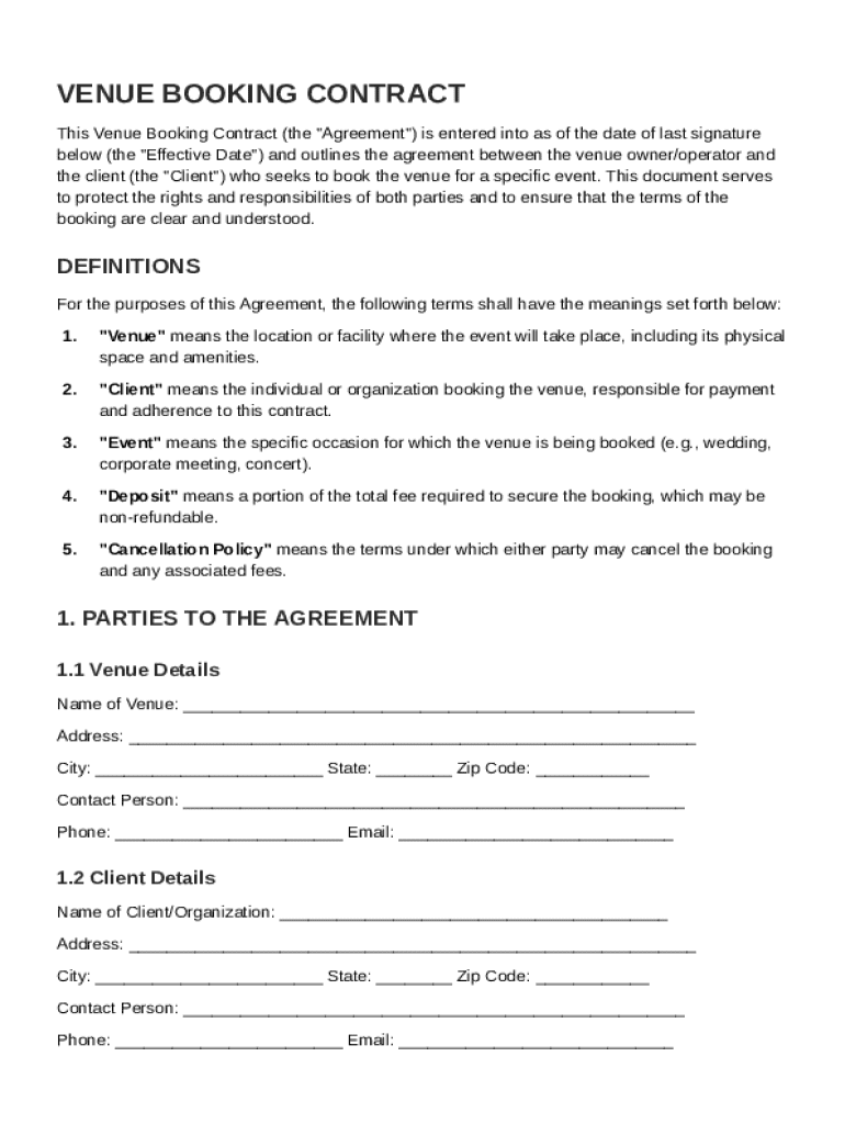Venue Book Contract Template Preview on Page 1