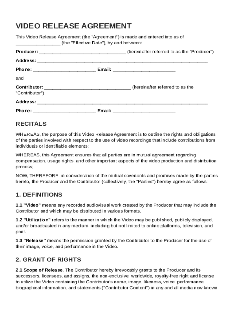 Video Release Contract Template Preview on Page 1