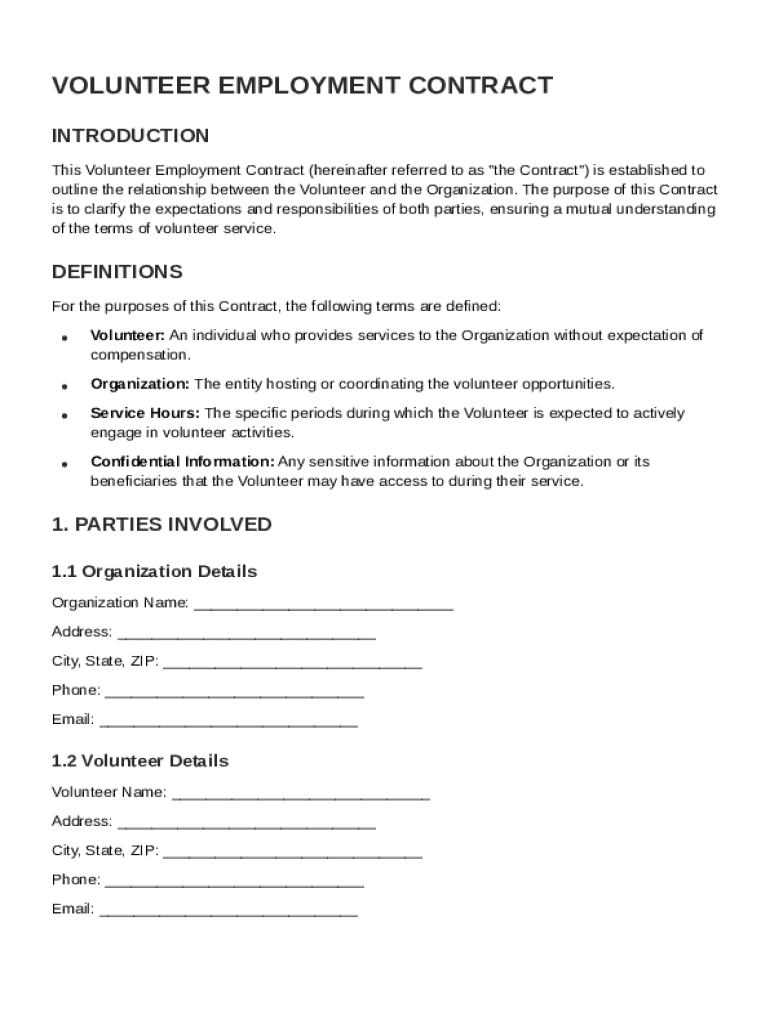 Volunteer Employment Contract Template Preview on Page 1
