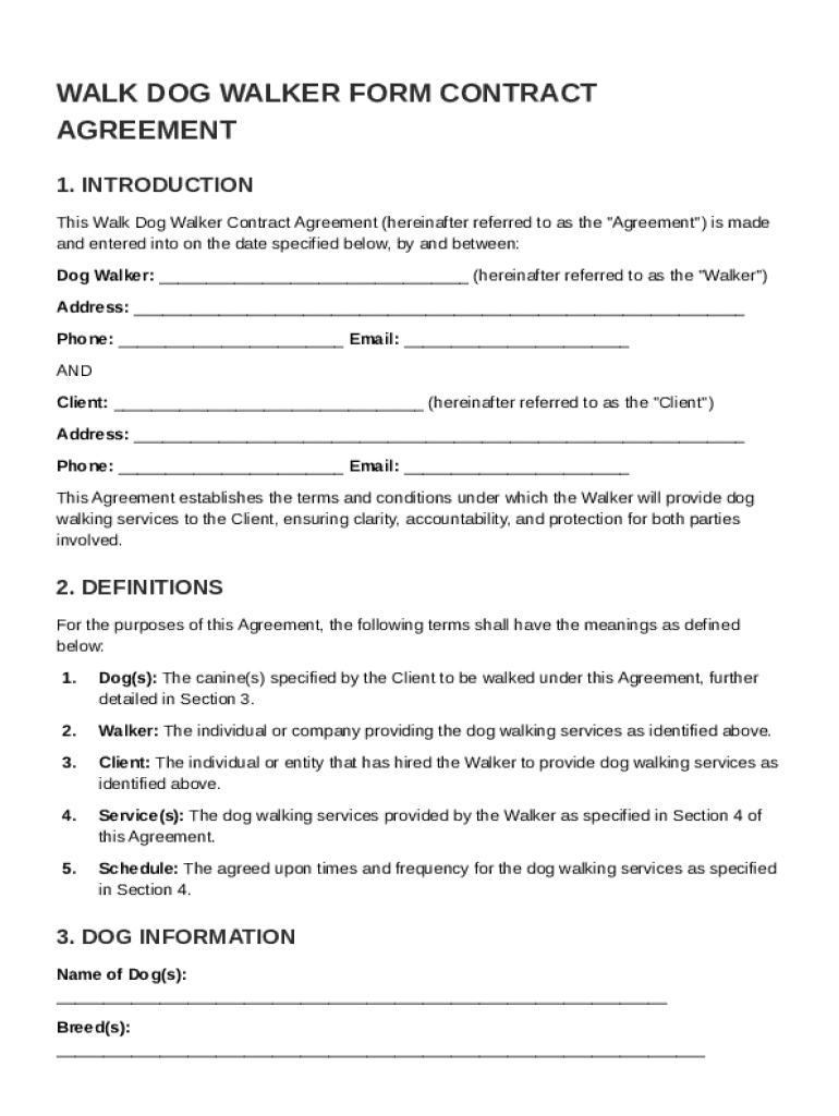 Walk Dog Walker Form Contract Template Preview on Page 1