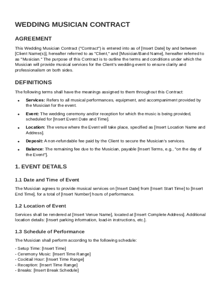 Wedding Musician Contract Template Preview on Page 1
