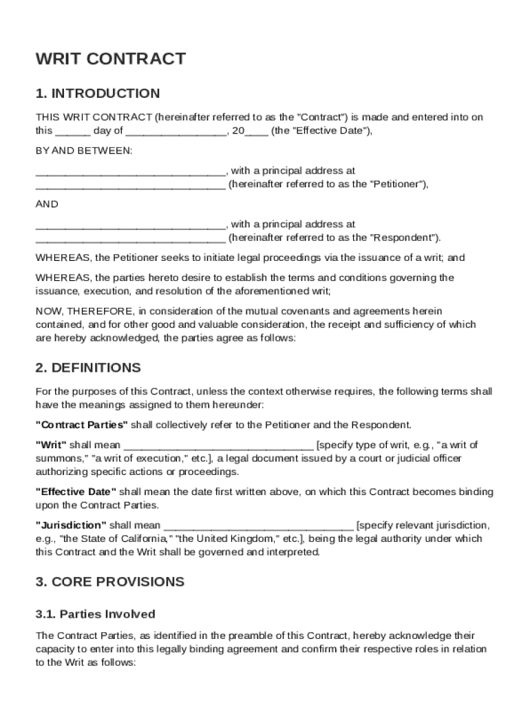 Writ Contract Template Preview on Page 1