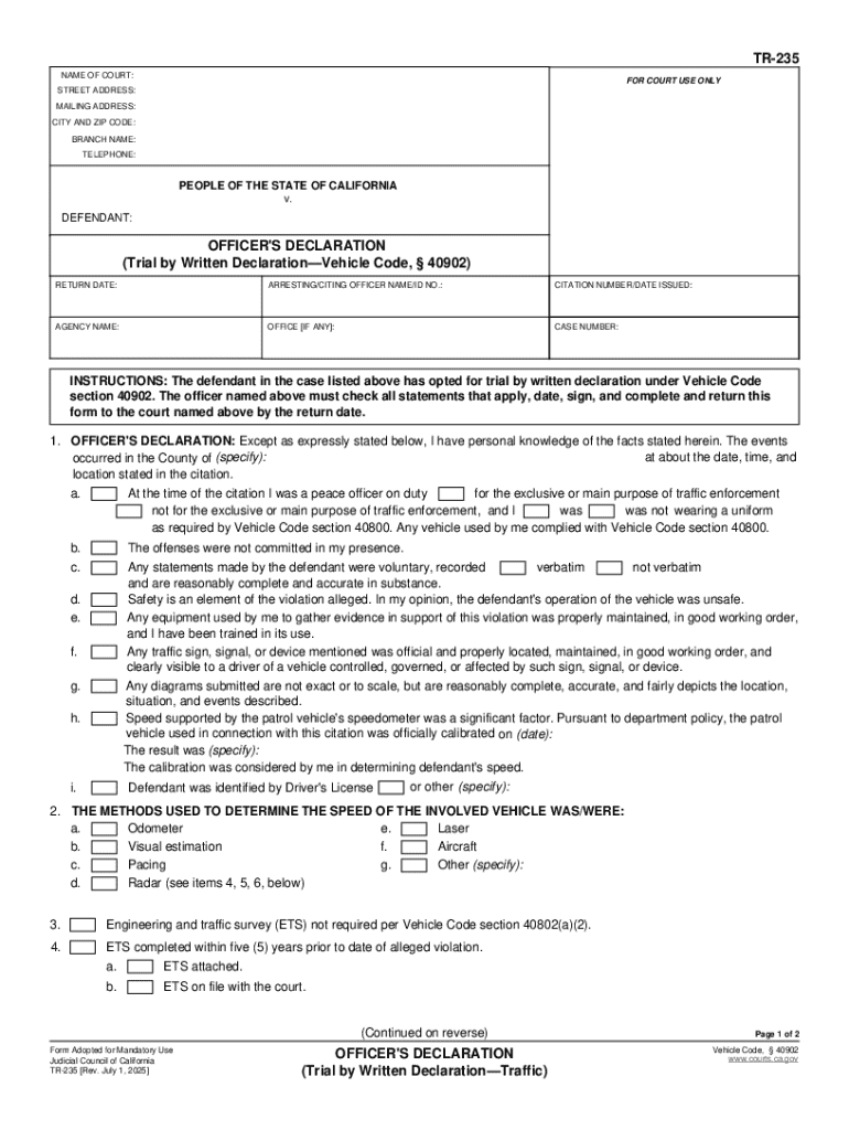 TR-235 Officer's Declaration (Trial by Written Declaration - Traffic) Judicial Council forms Preview on Page 1