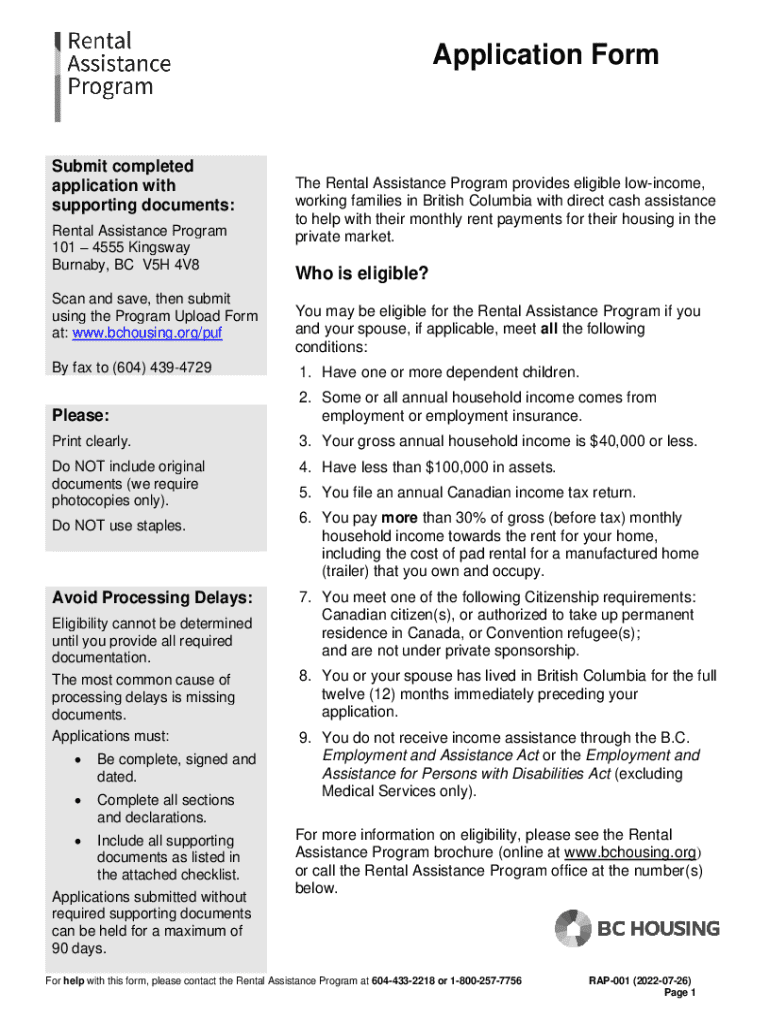 Fillable Online Application Form for Rental Assistance Program Fax ...