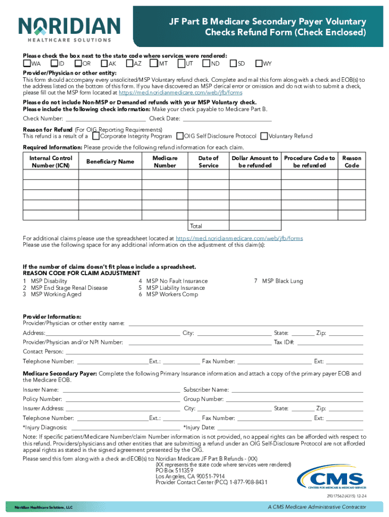 Fillable Online Jf Part B Medicare Secondary Payer Voluntary Checks Refund Form (check Enclosed ...