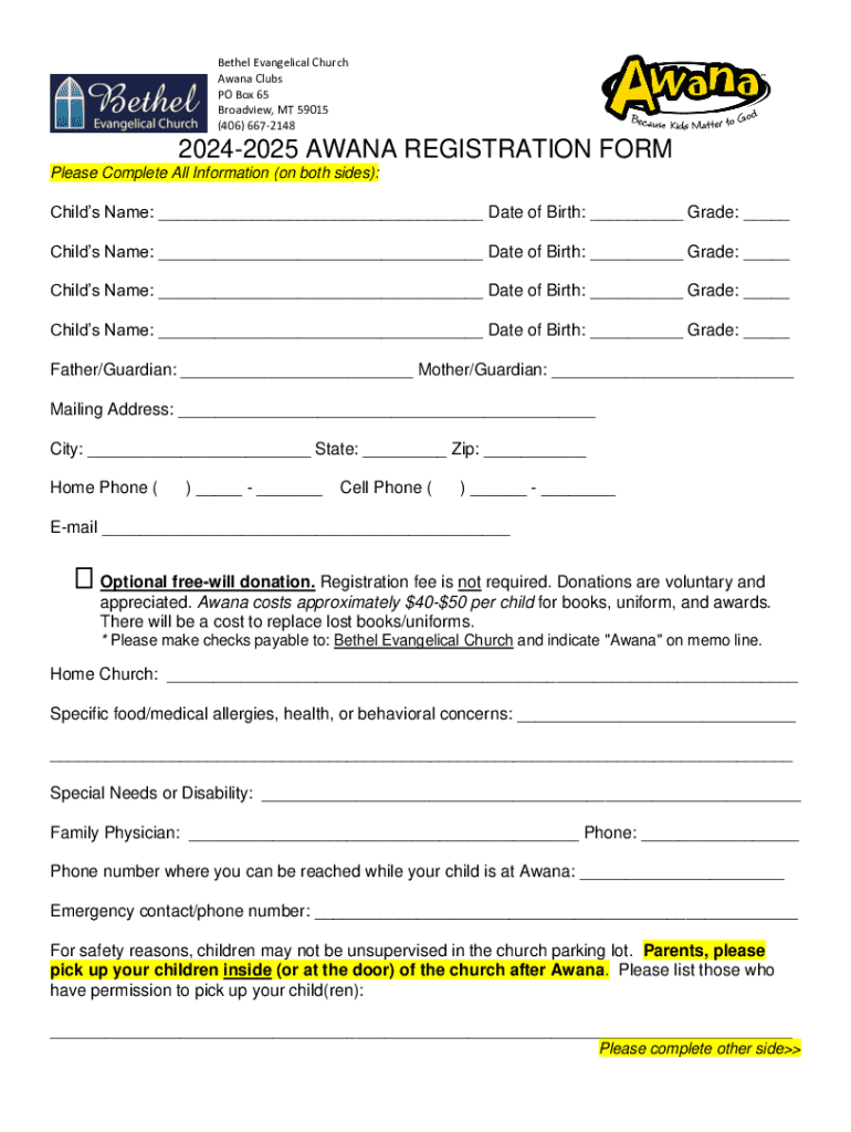 Fillable Online Awana Registration for Bethel Evangelical Church Fax ...