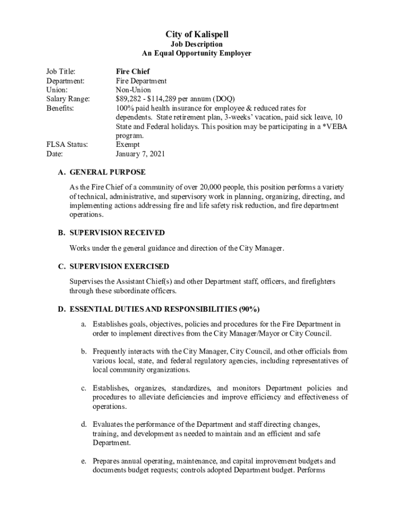 Fillable Online Job Description for Fire Chief Fax Email Print - pdfFiller