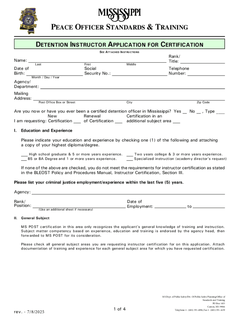 Detention Instructor Application for Certification Preview on Page 1