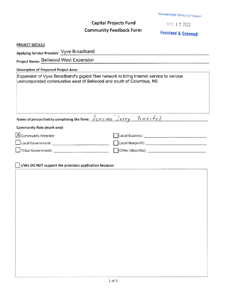 Fillable Online Community Feedback Form for Capital Projects Fund Fax ...