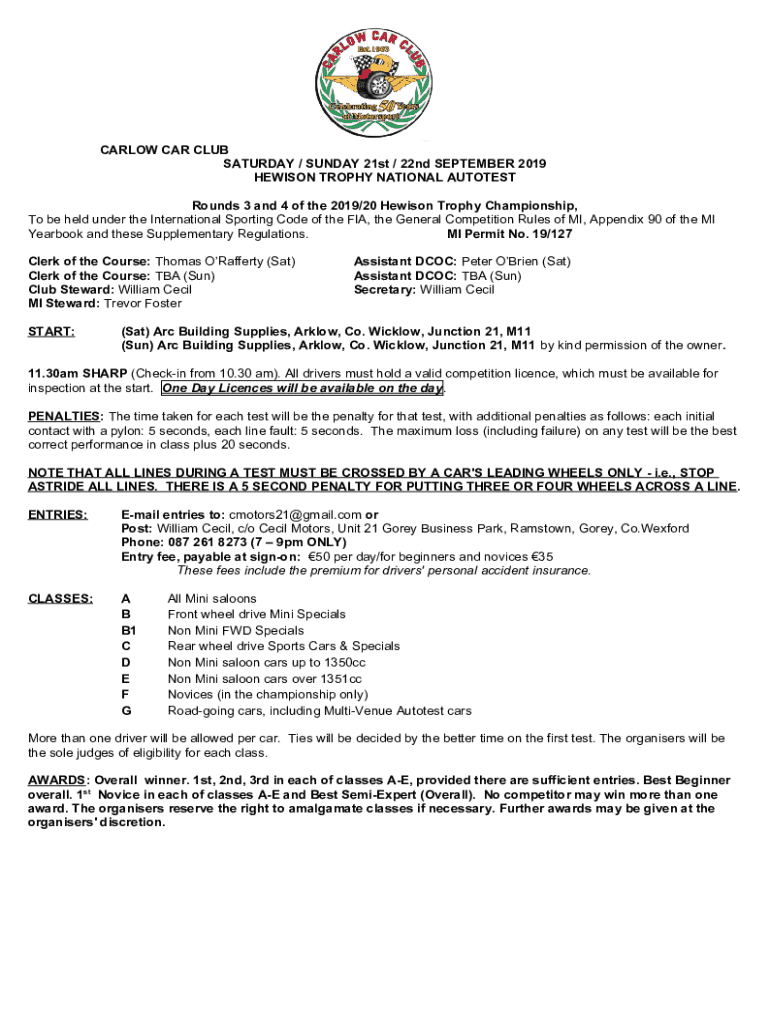 Fillable Online Carlow Car Club Autotest Entry Form for 2019 Fax Email ...