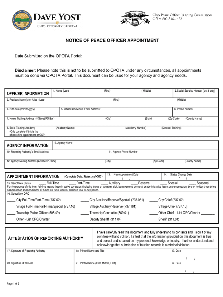 NOTICE OF PEACE OFFICER APPOINTMENT OFFICER Preview on Page 1