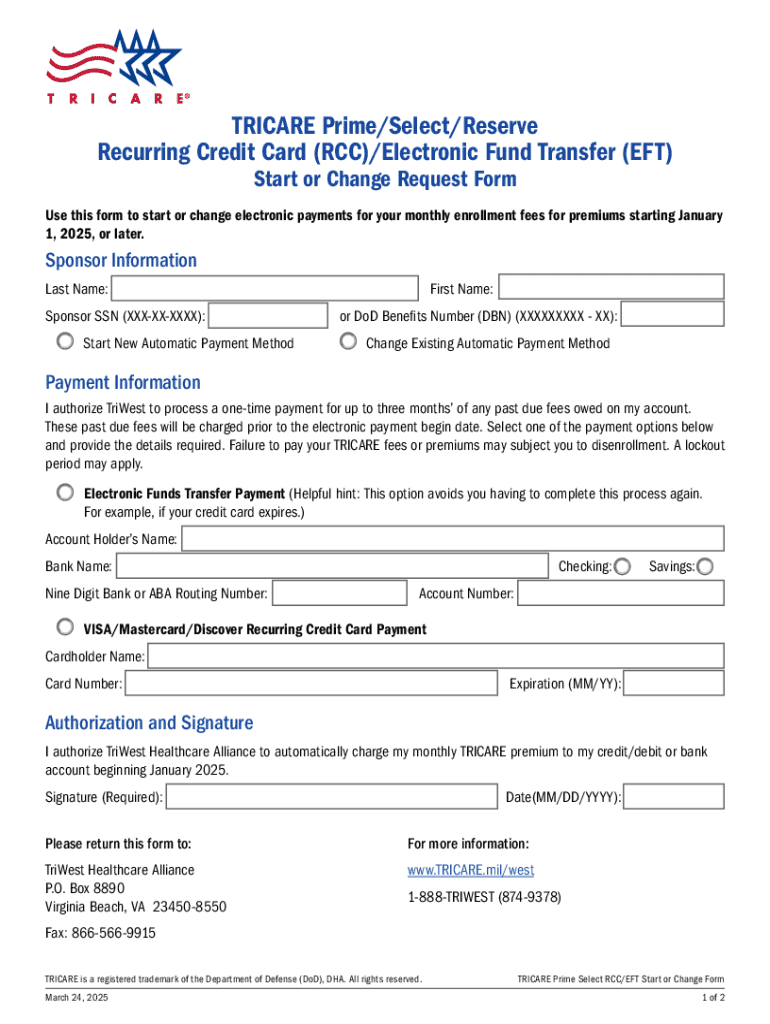 Tricare Prime select reserve Recurring Credit Card (rcc) electronic Fund Transfer (eft) Start or Cha Preview on Page 1