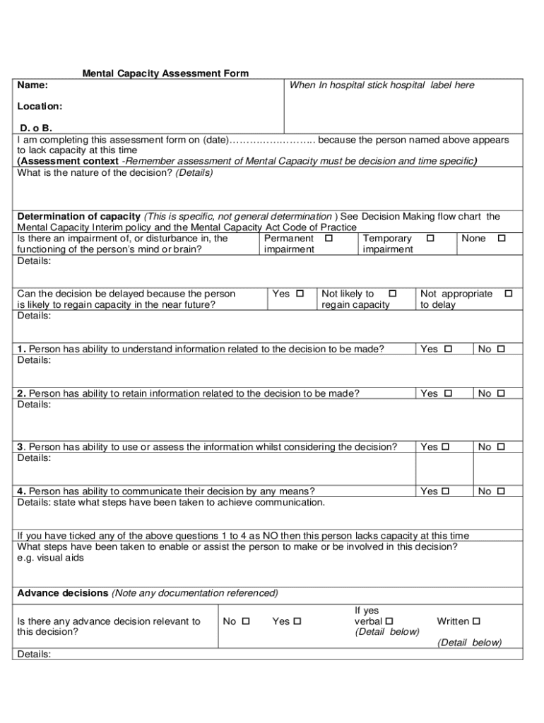 Mental Capacity Assessment Form Preview on Page 1