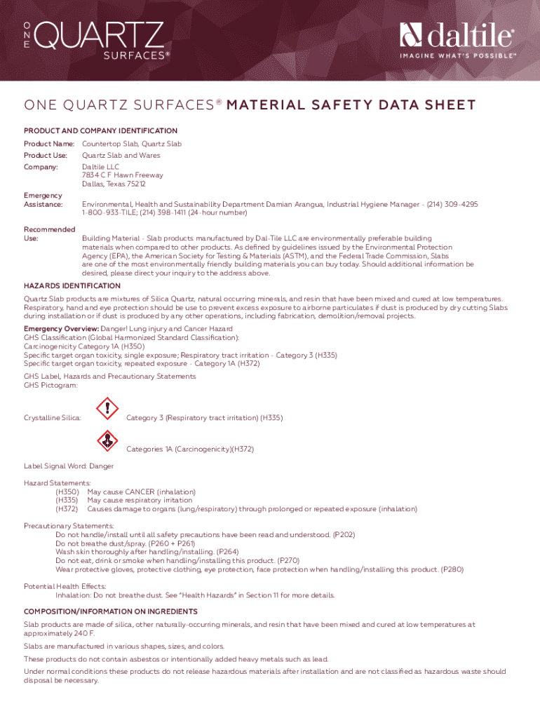 Fillable Online One Quartz Surfaces Material Safety Data Sheet Fax ...