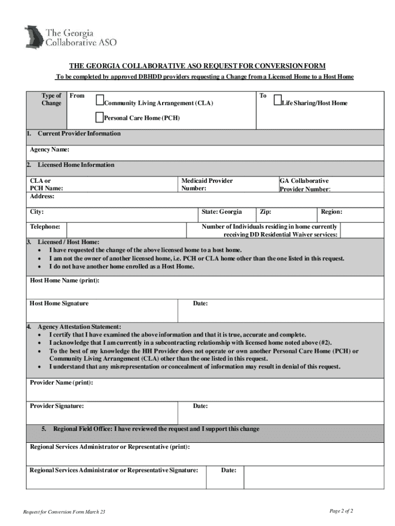 the Georgia Collaborative Aso Request for Conversion Form Preview on Page 1