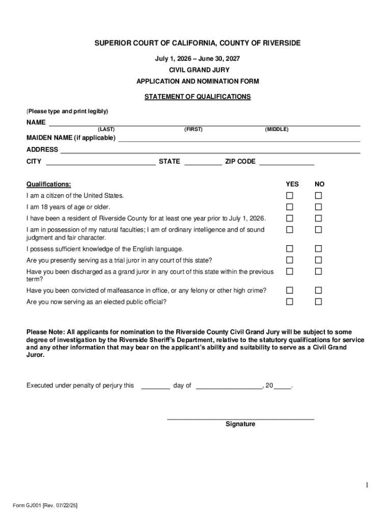 Civil Grand Jury Application and Nomination Form Preview on Page 1