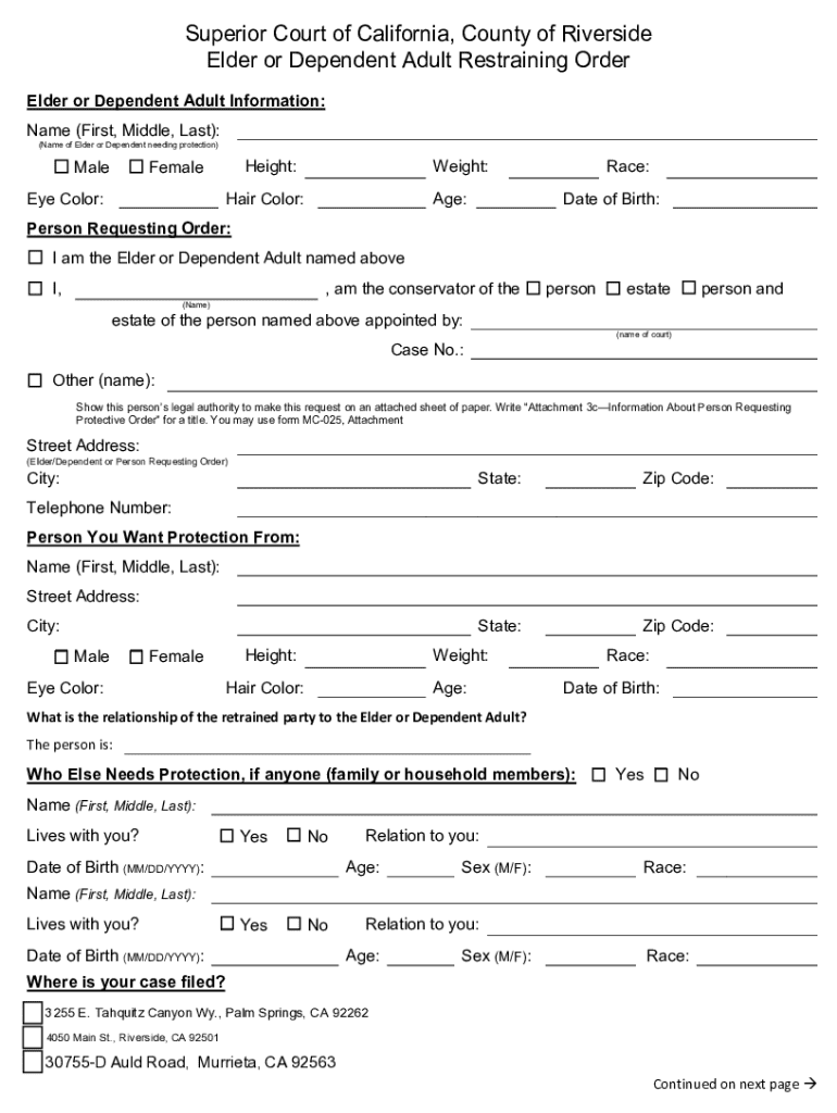 Elder or Dependent Adult Restraining Order Preview on Page 1