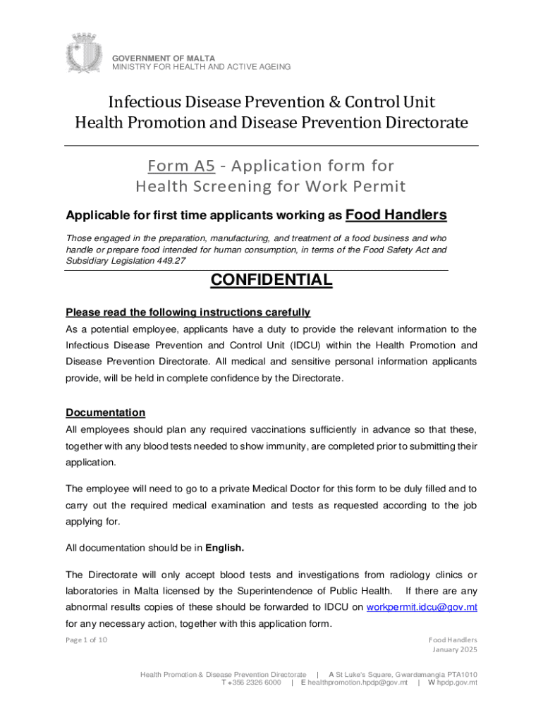 Form A5 - Application Form for Health Screening for Work Permit Preview on Page 1