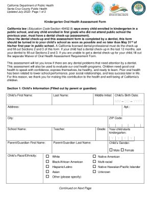 Kindergarten Oral Health Assessment Form