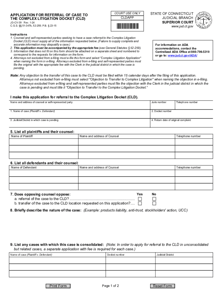 Application for Referral of Case to the Complex Litigation Docket (cld) Preview on Page 1