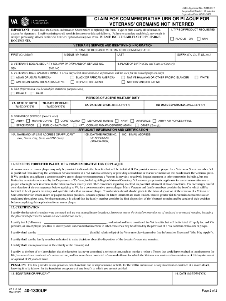 Claim for Commemorative Urn or Plaque for Veterans' Cremains Not Interred Preview on Page 1