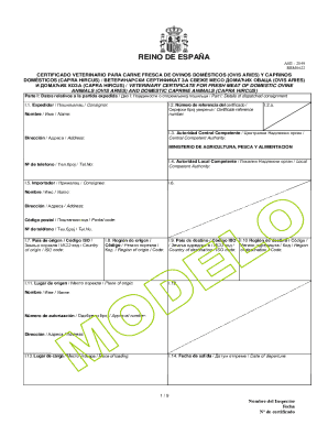 Certificado veterinario para carne fresca de ovinos domésticos y caprinos domésticos