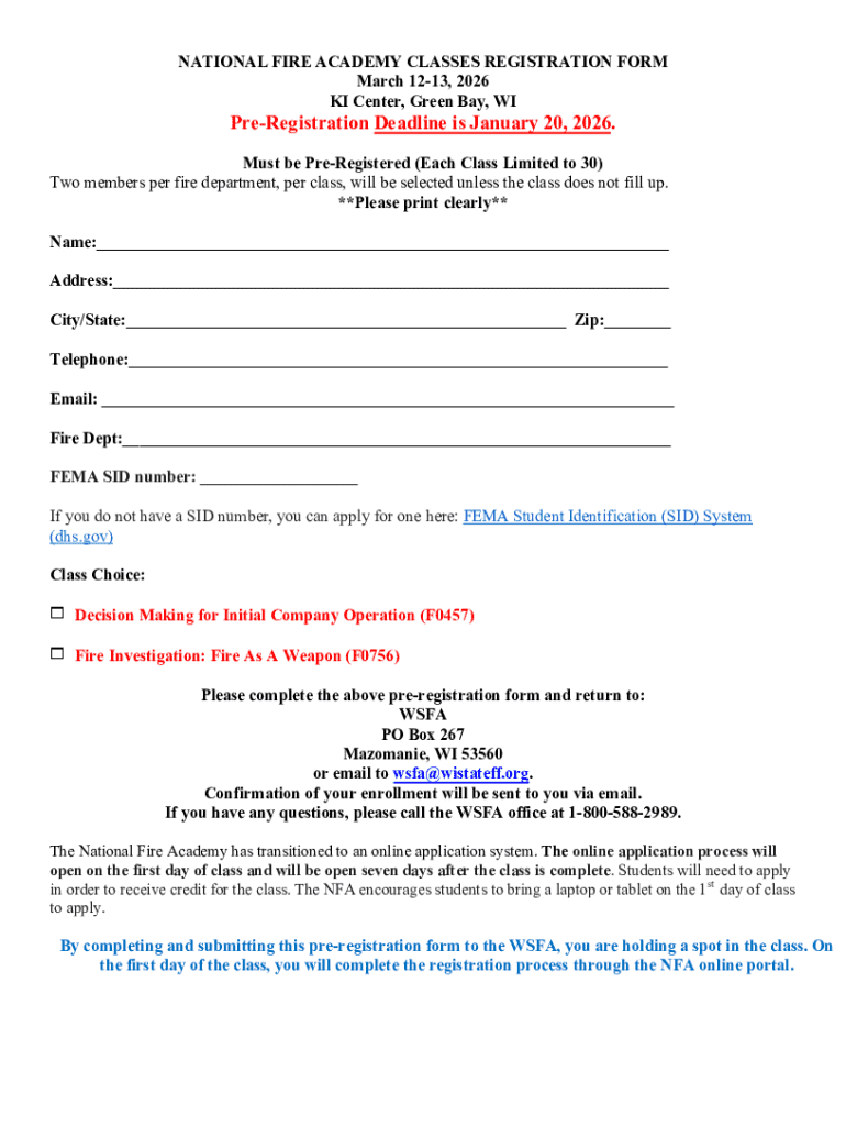 Fillable online national fire academy classes registration fax email