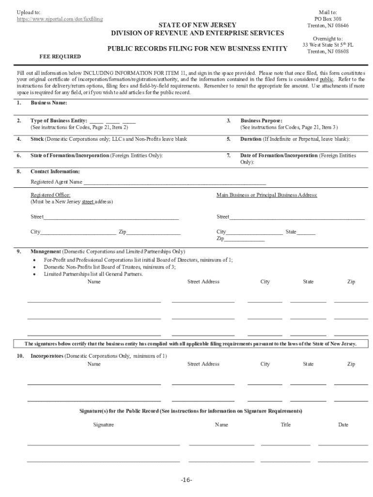 New Jersey Public Records Filing for New Business Entity Preview on Page 1