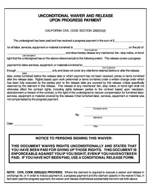 Unconditional Waiver and Release for Progress Payment