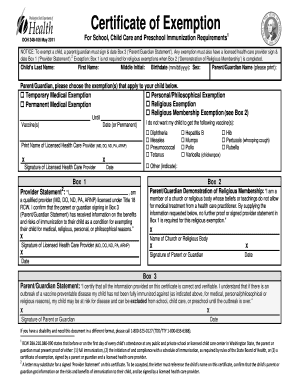 Certificate of Exemption for School Immunization