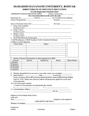 Maharshi Dayanand University Admission-Cum-Examination Form