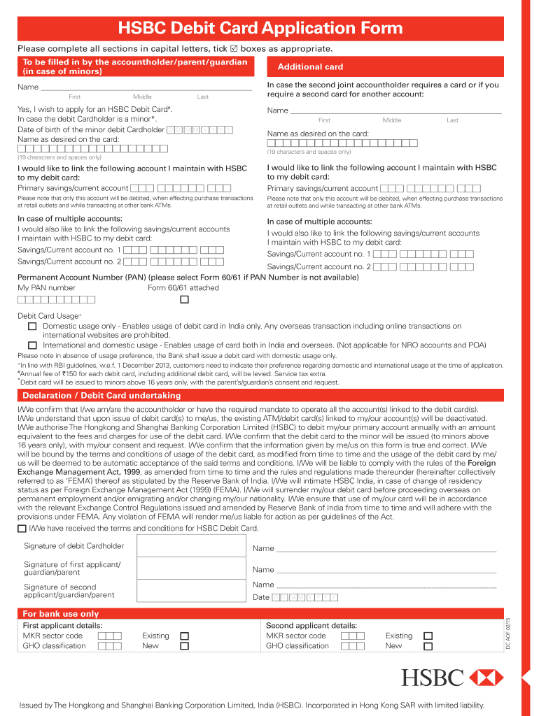 Fillable Online Hsbcbusinessdirect Co HSBC Debit Card Application Form HSBC India Fax Email
