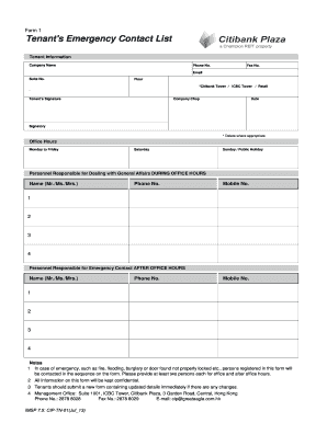 Tenant's Emergency Contact List