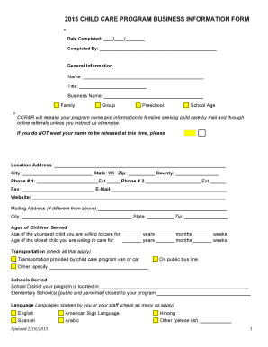 Child Care Program Business Information Form