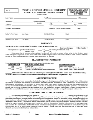 Tustin Unified School District Student and Parent Athletic Clearance Form