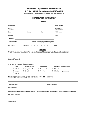 Louisiana Insurance Complaint Report Form