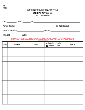 Continuing Education Training Sign-In Sheet