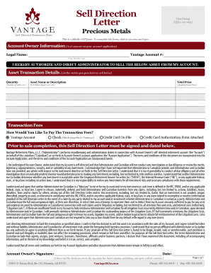 Assets and liabilities list - Sell Direction Letter Precious Metals - Vantage Self-Directed IRA