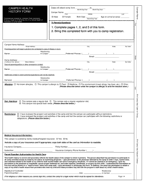 Camper Health History Form