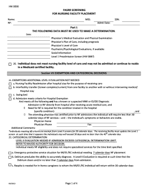 PASRR Screening Form for Nursing Facility Placement