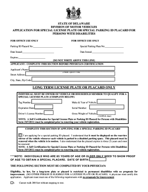 Delaware Disability License Plate or Placard Application