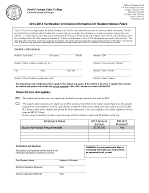 2013-2014 Verification of Income Information for Student Nontax Filers