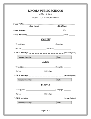 Lincoln Public Schools Textbook Loan Request Form