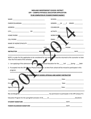 Midland Independent School District Off-Campus Physical Education Application