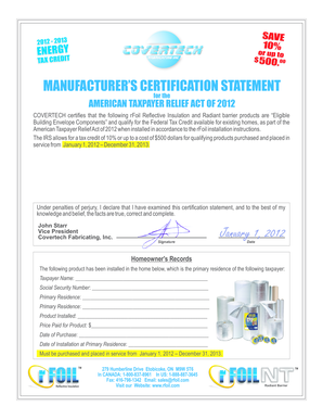 Manufacturer's Certification Statement for American Taxpayer Relief Act of 2012