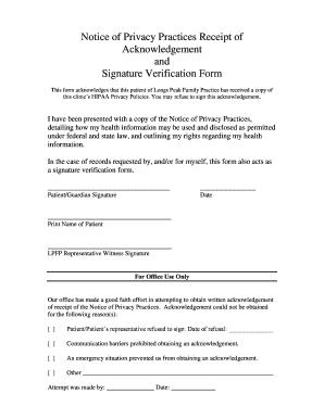 HIPAA Privacy Practices Receipt and Signature Verification Form