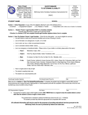 Hawaii McKinney-Vento Homeless Assistance Questionnaire