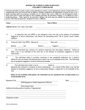 Tuberculosis Screening Report for Child Care Programs