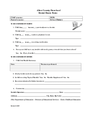 Allen County Preschool Dental Exam Form